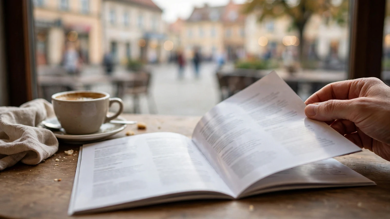 Ręka przeglądająca broszurę informacyjną w kawiarni